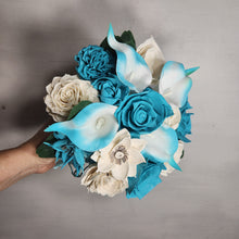 Load image into Gallery viewer, Turquoise Ivory Rose Real Touch Bridal Wedding Bouquet Accessories
