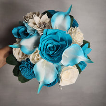 Load image into Gallery viewer, Teal Ivory Rose Calla Lily Real Touch Bridal Wedding Bouquet Accessories