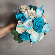 Load image into Gallery viewer, Teal Ivory Rose Calla Lily Real Touch Bridal Wedding Bouquet Accessories
