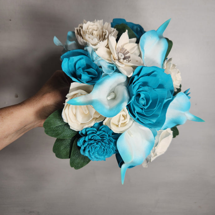 Teal Ivory Rose Calla Lily Real Touch Bridal Wedding Bouquet Accessories