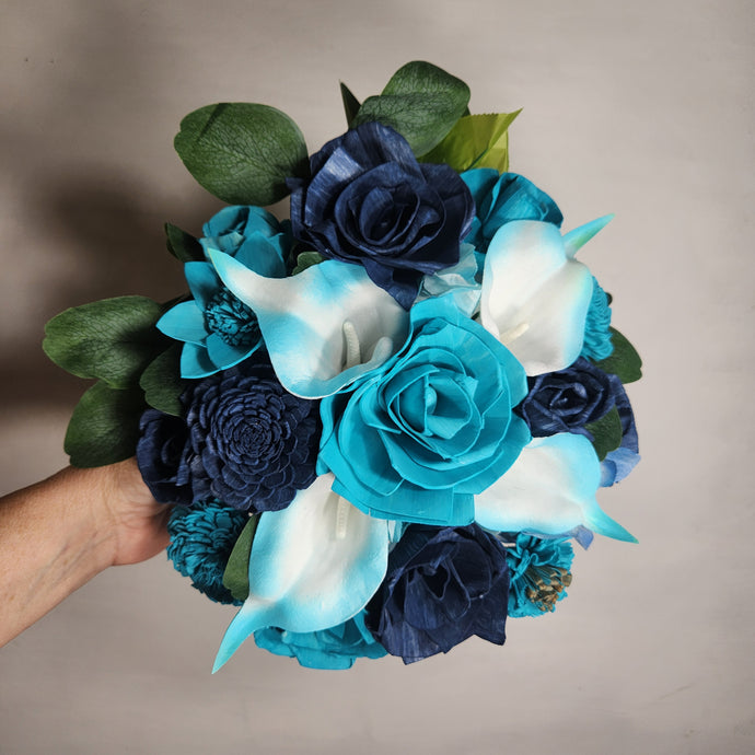 Teal Navy Blue Rose Calla Lily Real Touch Bridal Wedding Bouquet Accessories