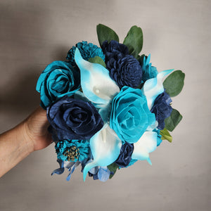 Teal Navy Blue Rose Calla Lily Real Touch Bridal Wedding Bouquet Accessories