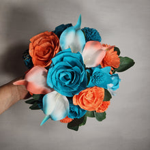 Load image into Gallery viewer, Coral Turquoise Rose Calla Lily Real Touch Bridal Wedding Bouquet Accessories