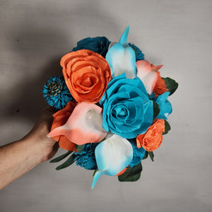 Coral Turquoise Rose Calla Lily Real Touch Bridal Wedding Bouquet Accessories