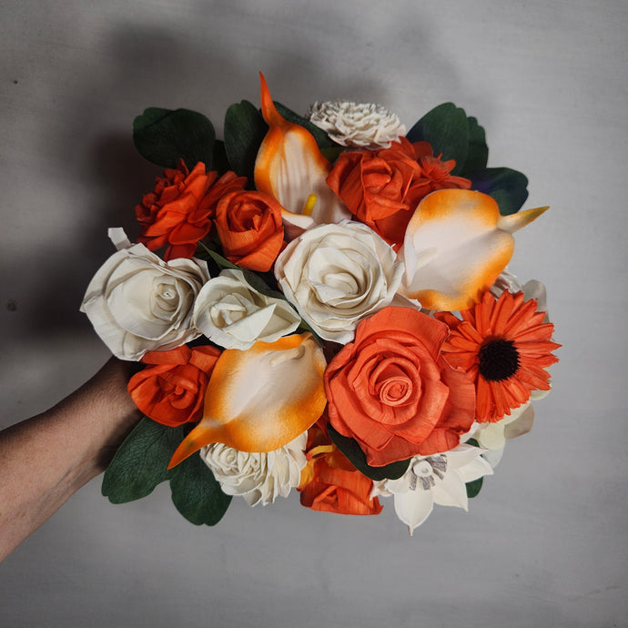 Orange Ivory Rose Calla Lily Real Touch Bridal Wedding Bouquet Accessories