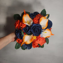 Load image into Gallery viewer, Orange Navy Blue Rose Calla Lily Sola Wood Bridal Wedding Bouquet Accessories