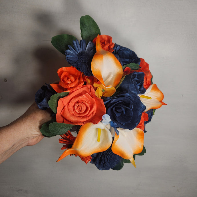 Orange Navy Blue Rose Calla Lily Sola Wood Bridal Wedding Bouquet Accessories