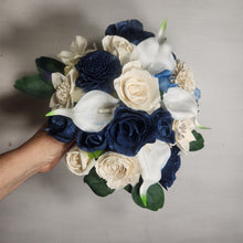 Load image into Gallery viewer, Navy Blue Ivory Rose Real Touch Bridal Wedding Bouquet Accessories