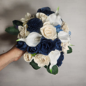 Navy Blue Ivory Rose Real Touch Bridal Wedding Bouquet Accessories