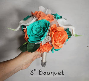 Aqua Coral Rose Calla Lily Sola Bridal Wedding Bouquet Accessories