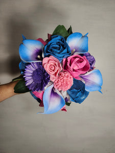 Pink Purple Blue Rose Calla Lily Sola Wood Bridal Wedding Bouquet Accessories