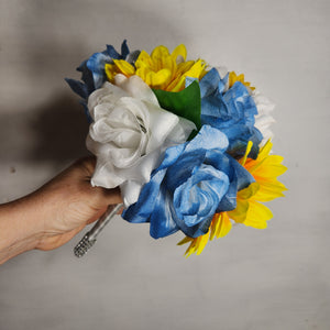 Dusty Blue White Rose Sunflower Bridal Wedding Bouquet Accessories