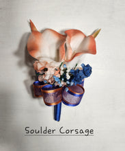 Load image into Gallery viewer, Peach Coral Royal Blue Rose Calla Lily Bridal Wedding Bouquet Accessories