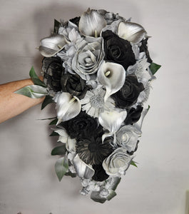 Silver Black Rose Calla Lily Sola Wood Bridal Wedding Bouquet Accessories