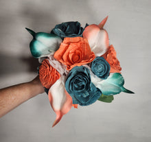 Load image into Gallery viewer, Coral Teal Rose Calla Lily Sola Bridal Wedding Bouquet Accessories