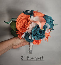 Load image into Gallery viewer, Coral Teal Rose Calla Lily Sola Bridal Wedding Bouquet Accessories