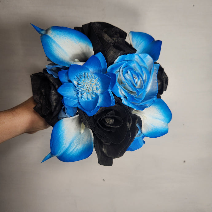 Malibu Blue Black Rose Calla Lily Sola Wood Bridal Wedding Bouquet Accessories