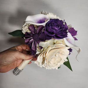 Eggplant Ivory Rose Calla Lily Sola Wood Bridal Wedding Bouquet Accessories