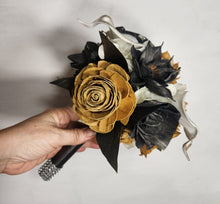 Load image into Gallery viewer, Antique Gold Black Rose Calla Lily Sola Wood Bridal Wedding Bouquet Accessories