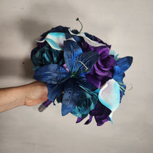 Load image into Gallery viewer, Purple Teal Navy Blue Rose Tiger Lily Bridal Wedding Bouquet Accessories