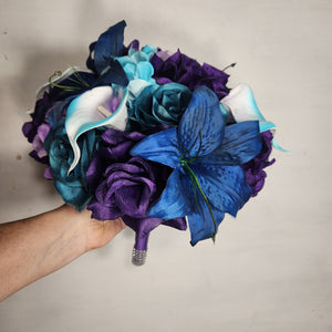 Purple Teal Navy Blue Rose Tiger Lily Bridal Wedding Bouquet Accessories