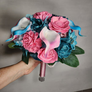 Pink Teal Rose Calla Lily Sola Wood Bridal Wedding Bouquet Accessories