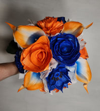 Load image into Gallery viewer, Orange Royal Blue Rose Calla Lily Sola Wood Bridal Wedding Bouquet Accessories