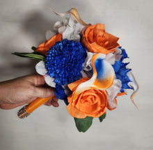 Load image into Gallery viewer, Orange Royal Blue Rose Calla Lily Sola Wood Bridal Wedding Bouquet Accessories