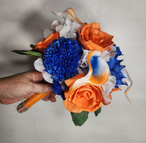 Orange Royal Blue Rose Calla Lily Sola Wood Bridal Wedding Bouquet Accessories