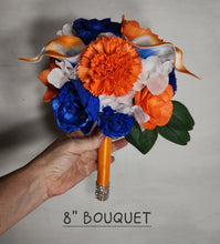 Load image into Gallery viewer, Orange Royal Blue Rose Calla Lily Sola Wood Bridal Wedding Bouquet Accessories