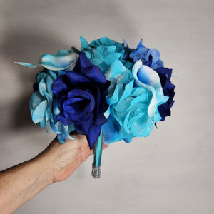 Turquoise Royal Blue Rose Calla Lily Bridal Wedding Bouquet Accessories