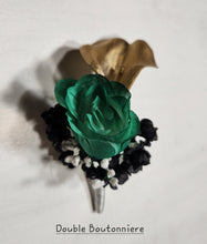 Load image into Gallery viewer, Emerald Green Black Gold White Rose Calla Lily Bridal Wedding Bouquet Accessories