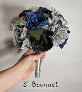 Navy Blue Black Silver Rose Calla Lily Real Touch Bridal Wedding Bouquet Accessories