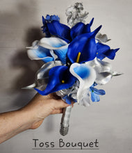 Load image into Gallery viewer, Royal Blue Silver Calla Lily Bridal Wedding Bouquet Accessories