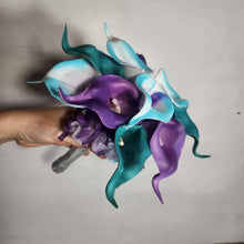 Load image into Gallery viewer, Purple Teal White Calla Lily Bridal Wedding Bouquet Accessories
