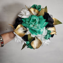 Load image into Gallery viewer, Emerald Green Black Gold White Rose Calla Lily Bridal Wedding Bouquet Accessories