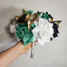 Load image into Gallery viewer, Emerald Green Black Gold White Rose Calla Lily Bridal Wedding Bouquet Accessories