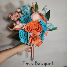 Load image into Gallery viewer, Coral Turquoise Rose Calla Lily Real Touch Bridal Wedding Bouquet Accessories