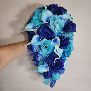 Turquoise Royal Blue Rose Calla Lily Bridal Wedding Bouquet Accessories