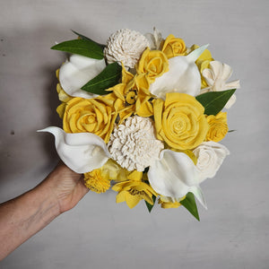 Yellow Ivory Rose Calla Lily Sola Wood Bridal Wedding Bouquet Accessories