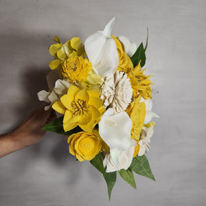 Yellow Ivory Rose Calla Lily Sola Wood Bridal Wedding Bouquet Accessories