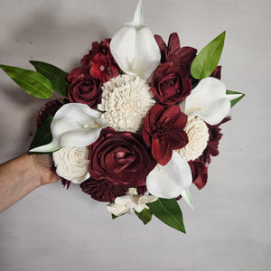 Burgundy Ivory Rose Calla Lily Sola Wood Bridal Wedding Bouquet Accessories