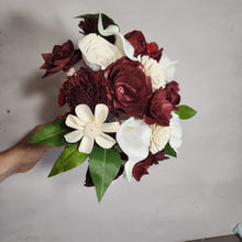 Load image into Gallery viewer, Burgundy Ivory Rose Calla Lily Sola Wood Bridal Wedding Bouquet Accessories