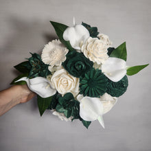 Load image into Gallery viewer, Hunter Green Ivory Rose Calla Lily Sola Wood Bridal Wedding Bouquet Accessories