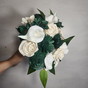 Hunter Green Ivory Rose Calla Lily Sola Wood Bridal Wedding Bouquet Accessories