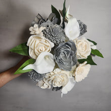 Load image into Gallery viewer, Silver Ivory Rose Calla Lily Sola Wood Bridal Wedding Bouquet Accessories