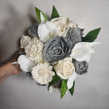 Load image into Gallery viewer, Silver Ivory Rose Calla Lily Sola Wood Bridal Wedding Bouquet Accessories