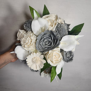 Silver Ivory Rose Calla Lily Sola Wood Bridal Wedding Bouquet Accessories