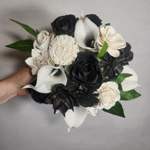 Load image into Gallery viewer, Black White Rose Calla Lily Sola Wood Bridal Wedding Bouquet Accessories