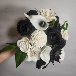 Black White Rose Calla Lily Sola Wood Bridal Wedding Bouquet Accessories